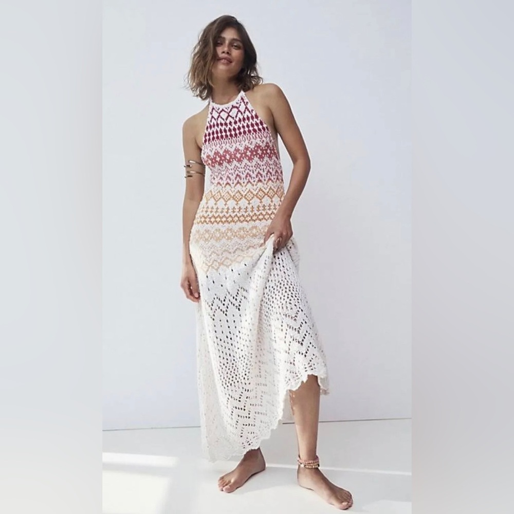 NWOT Free People Ikat Oasis Maxi Dress Halter Crochet Print Knit Backless Ivory - Picture 3 of 12